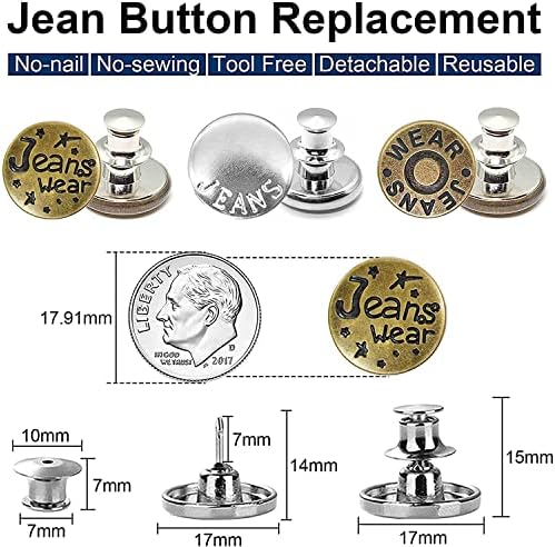 12 Define os pinos do botão para jeans, 17 mm de ajuste perfeito Jean Button Substituição Jean Button Pins Metal Clips Snap