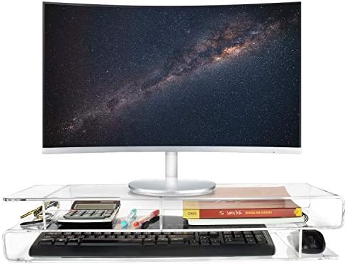 Ikee Design Monitor acrílico Riser Stand para bancada de mesa com 3 compartimentos, suporte de monitor de acrílico claro com armazenamento