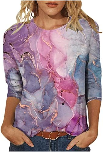 Camiseta da blusa de algodão para mulheres outono verão 3/4 manga de tripulante gráfica floral happy presente casual
