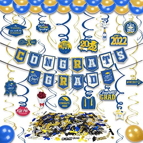2022 Kit de decorações de graduação azul e dourado, parabéns bandeira de pós -graduação penduradas formigas balões de