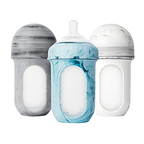 Boon Nursh reutilizável Silicone Baby Bottles & Nursh Storage Buns, Blue-White, 3 Cont & Nursh Silicone Reflection Mipple