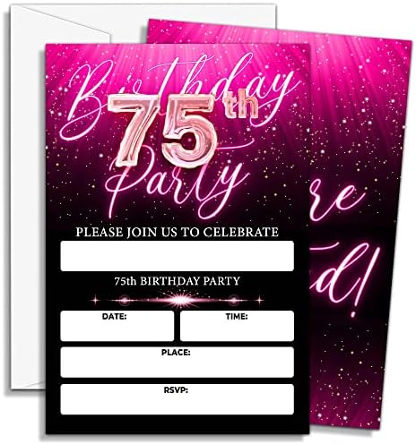DOQPO 75º aniversário de aniversário para meninas, convites de festa de aniversário de neon, convite de aniversário de festa