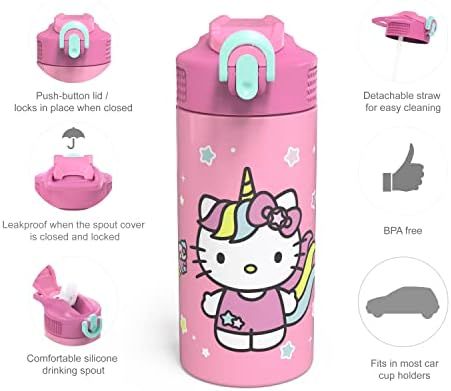 Zak projeta Sanrio Hello Kitty A vácuo garrafa de água Térmica Kids 14 oz 18/8 Aço inoxidável com bico de palha flip-up e tampa de
