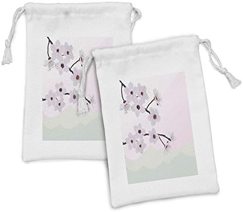 Ambesonne Almond Blossom Fabric bolsa conjunto de 2, motivos de flores de amêndoa com árvores no fundo da montanha em tons