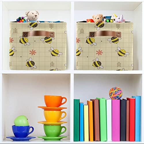 Mnsruu Storage Storage Basket amarelo e preto abelha com cesta organizadora dobrável de flores com alças de PU, lixeira de armazenamento