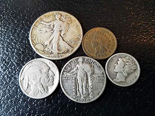 Antigo conjunto de coleta de moedas de prata dos EUA 5 - Indian Head Cent, Buffalo Nickel, Mercury Dime, Standing Liberty Quarter,