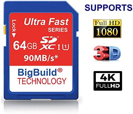 BigBuild Technology 64GB Ultra Fast 90MB/S Memory Card para Câmera Panasonic Lumix DC-FZ82, classe 10 SD SDXC