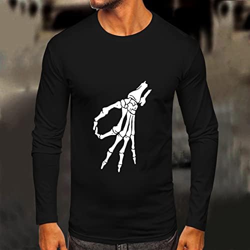 XXBR Mens Halloween Tops Funny Skeleton Print Leva Longa Camiseta Slim Fit Muscle Party Casual Crewneck camisetas