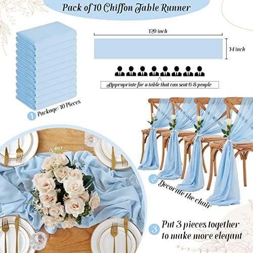 Decoração de casamento de mesa de chiffon azul 10 peças 14x120 polegadas de mesa macia corredor elegante para a mesa