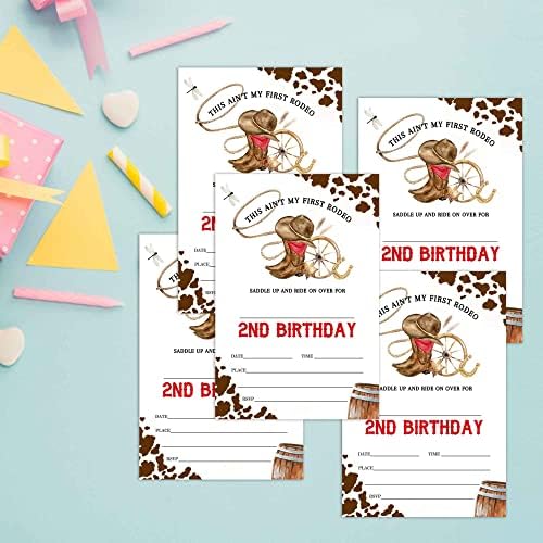 Axamdam Cowboy 2nd Rodeo Rodeo Birthday Invitations Cartões, convites de festa do oeste selvagem para crianças e meninos, 20 cartões