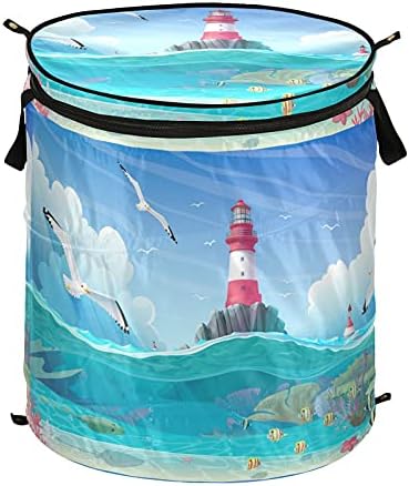 Lighthouse Sea Port Pop Up Lavanderia cesto com tampa de cesta de armazenamento dobrável Bolsa de roupa dobrável para dormitório