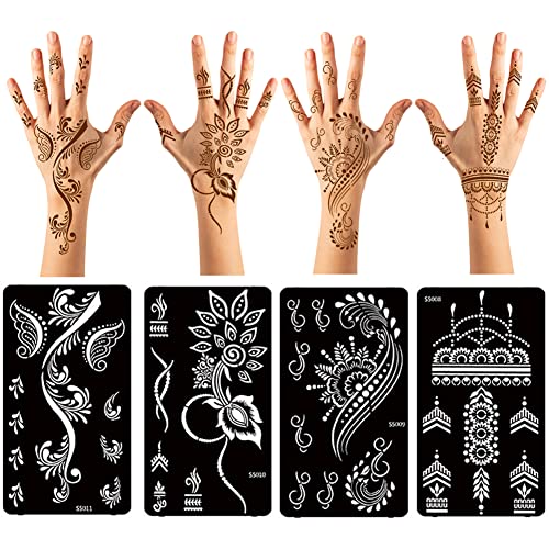 XMASIR 12 folhas de tatuagem de tatuagem Henna Conjunto de estênceis + 6 folhas Kit de estêncil de tatuagem para mãos Modelos de tatuagem