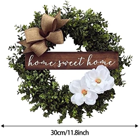 Yfqhdd Artificial Boxwood Wreath para decoração de decoração da porta da frente Decoração com placas de boas -vindas de madeira