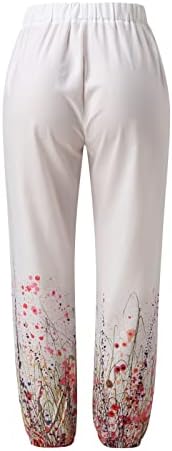 Calças de caminhada de capricina feminina com bolsos impressos de alterações altas algodão da cintura reta Casual calças soltas femininas