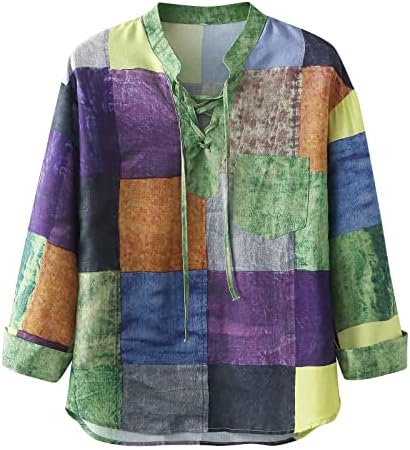 Xzhdd Camisas de outono para masculino, manga longa Lace para cima V Bloco de cor do pescoço Patchwork Tops Vintage Soly Casual