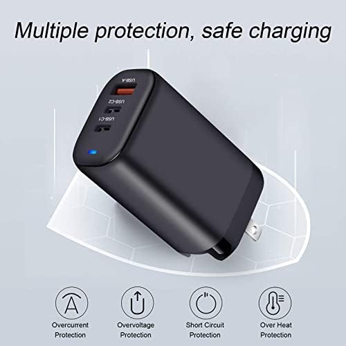 65W Multiporto de carregador de gan USB C GAN com cabo USB C 10 pés, adaptador de energia da parede com 3 portas, Awnuwuy tipo