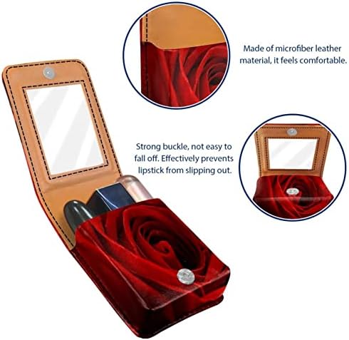 Caixa de batom de batom de viagem Guerotkr, saco de maquiagem portátil de batom com espelho, padrão de roseira de flor vermelha