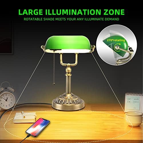 Lâmpada de banqueiros de vidro verde rizzyluz, lâmpada de mesa vintage com porta de carregamento USB, lâmpada de mesa tradicional