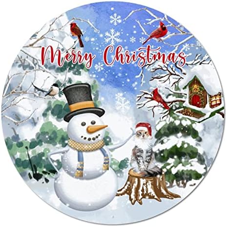 Sinal de metal redondo Feliz Natal, boneco de neve e gato de natal Wreath Sign Poster de metal placa de sala de casa rústica para o jardim de bar parede pendurada no Natal do dia decoração de 12 polegadas de 12 polegadas
