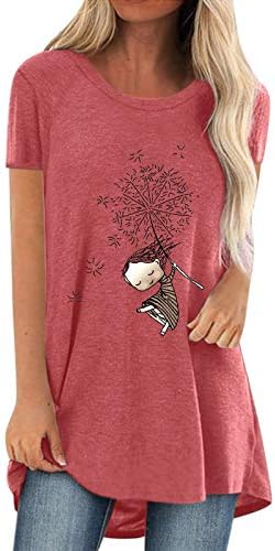 CGGMVCG Tops de verão para mulheres de pescoço redondo casual feminino de manga curta impressão de dente-de-camiseta longa blusa