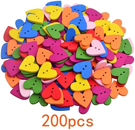 200pcs Botões coloridos de coração de madeira com 2 buracos Love Botões de artesanato de madeira em forma de coração