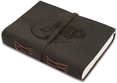 Wellbourne Dusky Brown Real Leather Journal - Gravado Lua Lobo Sketchbook Old Look A6 Diário pessoal em branco para viagens Diário