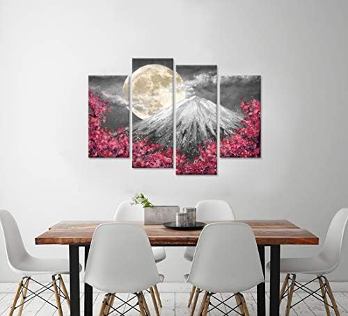 IHACKYWALL 4 PAINEL FLOR FLOR FLOR Lua cheia sobre o Monte Fuji Art Wall Art Rosa e Cinza Sakura Painting Pintura