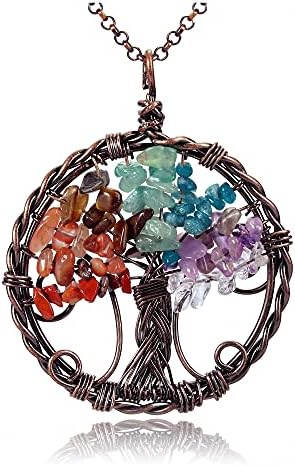 Jovivi 7 Chakra Tree of Life Wire embrulhado colar de pingente de cristal Reiki Colar de pedra Cristal Stone Colares