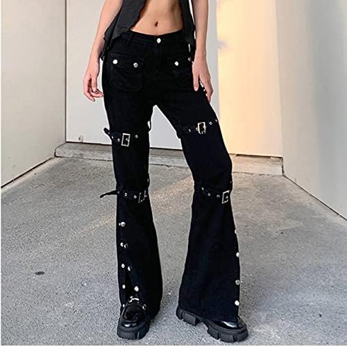 Calça de carga de cor sólida feminina Botão de cintura alta punk calças compridas calças retas de perna reta com bolsos