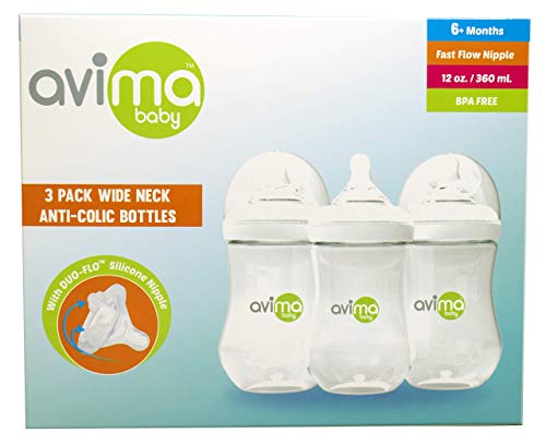 Avima 12 oz Anti -Colic Infant Garrafas, BPA, livre de pescoço largo com mamilos de fluxo rápido