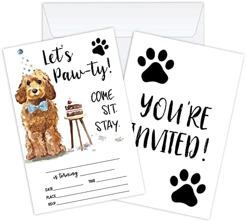 WUAWN Let's Pawty! 20 cães convites de aniversário com envelopes, preenchimento de gravata borboleta azul de estimação