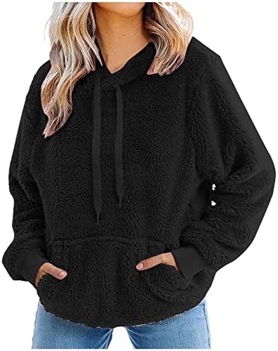 Sweatshirts Sherpa com capuz para mulheres com moletons de cor sólidos de manga comprida suéter de lã casual com