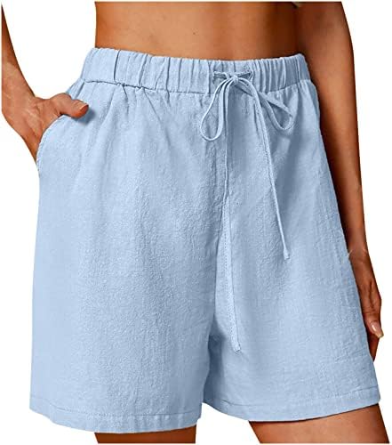 Shorts de verão feminino linho sólido calças curtas cintura elástica shorts casuais de perna larga para mulheres calça de moletom