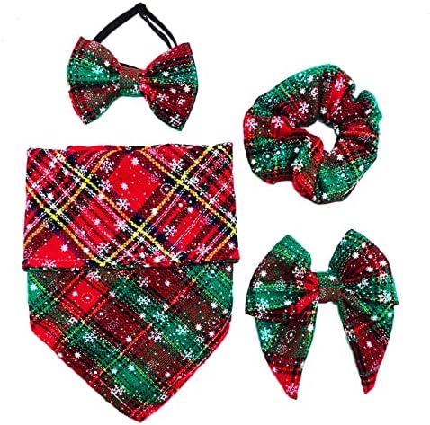 Teisvay Christmas Dog Bandanas 4 PCs Classic Plaid Puppy Bib Bib, Tassels Style Pet Bandana Xmas Acessórios para pequenos cães