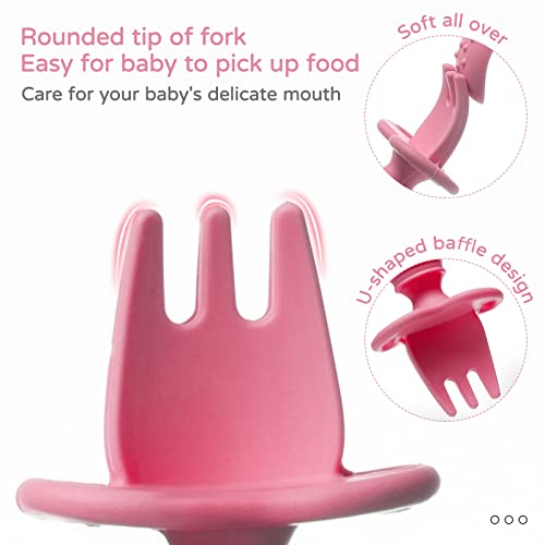 Baby Fork and Spoon Conjunto, utensílios de desmame liderados para bebês rosa + silicone de silicone colheres de