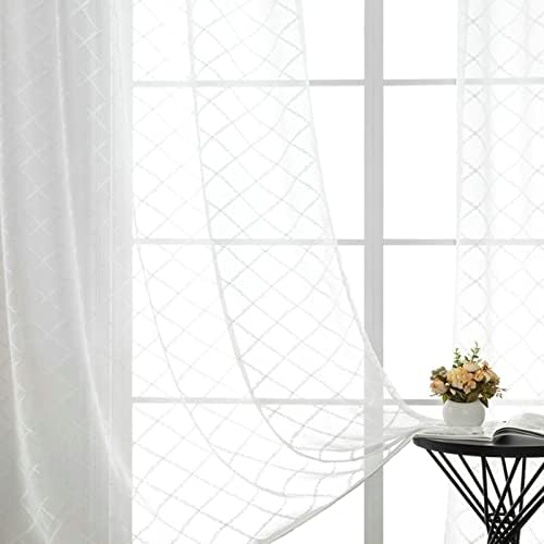Cortinas puras de 84 polegadas de comprimento 2 painel, ilhó branco pura de cortina infantil de poliéster bordado rômbico