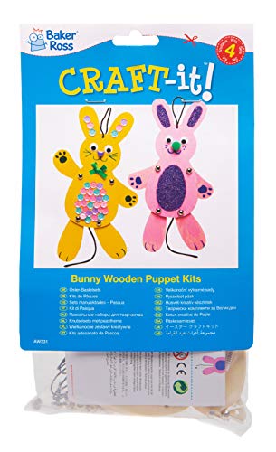 Baker Ross Bunny Wooden Puppet Kits - pacote de 4, artesanato de Páscoa para as crianças montarem e decorar