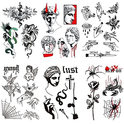 Tatuagens temporárias de Halloween, 6 folhas de 6 folhas de halloween falsas tatuagens de manga de braço para crianças adultas festas