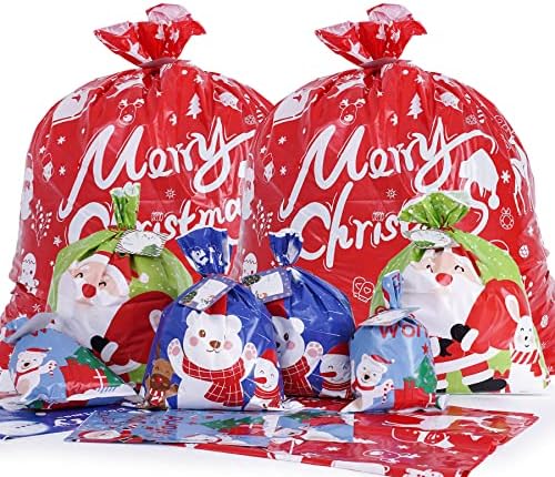 Yiylunneo 12 PCs Christmas Jumbo Big Gift Sachs 44 x 36 Plástico para presentes de Natal sacolas 4 tamanhos com etiquetas de presente