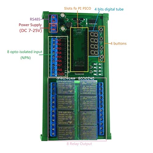 Eletechsup DC 12V 24V 8CH Timer de atraso multifuncional RS485 Módulo de relé Modbus para Raspberry Pi Pico Pico Open PLC