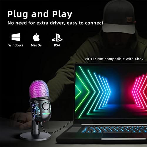 Microfone MRSDY USB, plugue e reprodução de microfone para PC, Mac, PS4/5, microfone de podcast com RGB, mudo, monitor, redução de