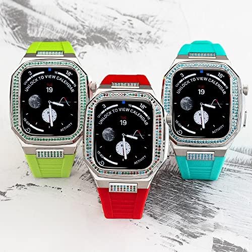 Houcy Luxury Rubber Strap+Metal Case para Apple Watch 44mm 45mm Diamante Protetive Aço inoxidável para Iwatch 7 SE 6 5 4 Acessórios