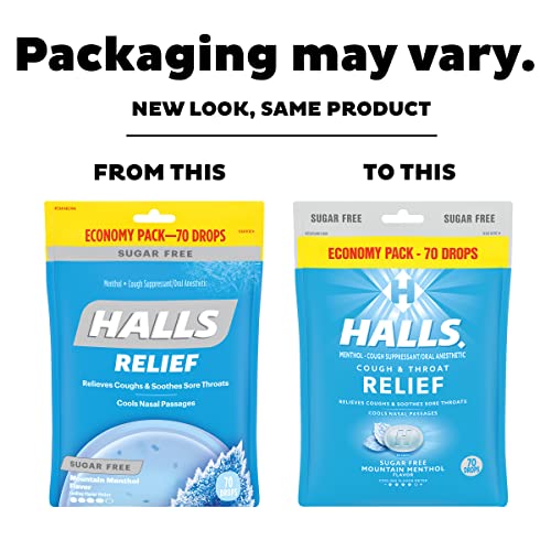 Halls Relief Mountain Mentol Sugar Free Tough Drops, Economy Pack, 70 Gotas