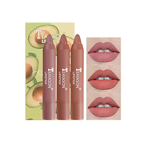 Xiahium 3pcs Lipstick de giz de cera Conjunto para mulheres fosco aveludado nude pigmentado há longa dura impermeável hidratante
