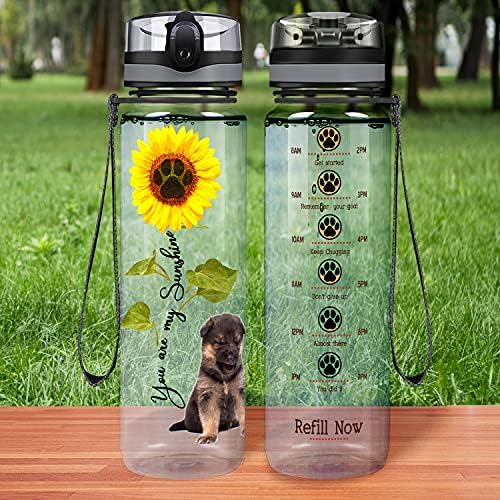 Cuptify Shepherd Puppy You Are My Sunshine em 32 onças 1 litro Rastreamento de cão garrafa de água com marcador de tempo