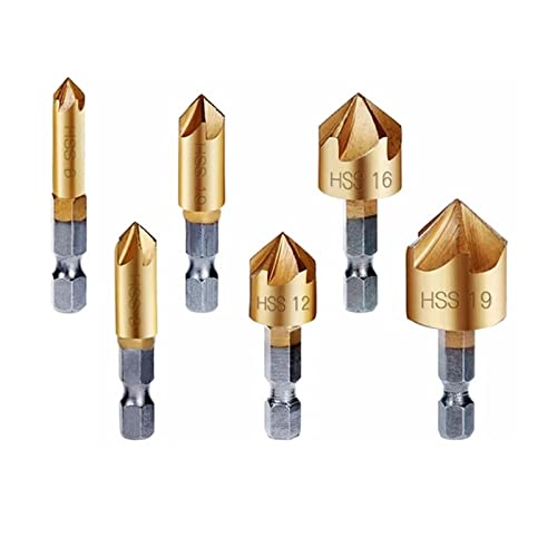 6pcs de broca de chanfro de cinco lâminas Conjunto de broca de 1/4 polegada HAISK 5 FLUTE CARTERSING Wood Hand Tools Chanfing 6mm-19mm