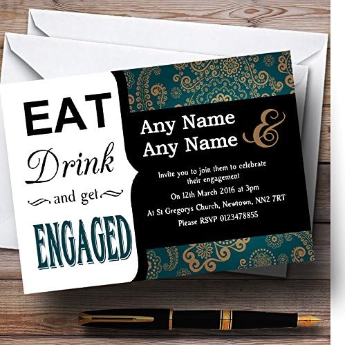 Turquesa e Gold Vintage Eat Drink Drink Convites de festa de noivado personalizados