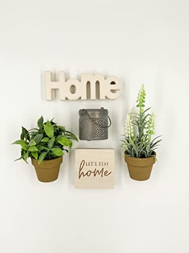 Vamos ficar em casa com tema de 5 peças, pacote de decoração de bandeja em camadas - inclui Let's Stay Home Wooden Block Sign, Bloco