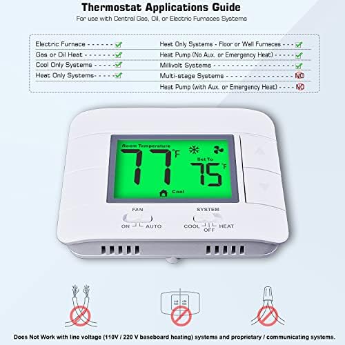 Termostatos não programáveis ​​atualizados para casa 1 calor/1 frio, com monitor de temperatura e umidade e LCD verde grande