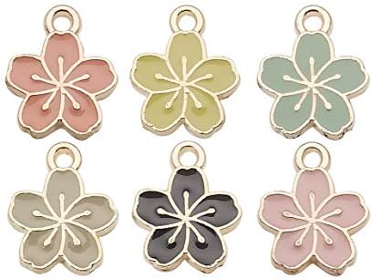 60 PCs Gold Bathed esmalte flores de cerejeira Flores Charms de flores Pingente para joalher